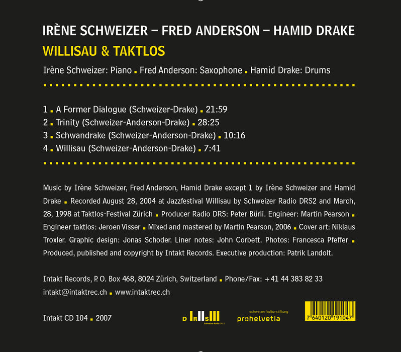 104: IRENE SCHWEIZER – FRED ANDERSON – HAMID DRAKE. Live Taktlos & Willisau