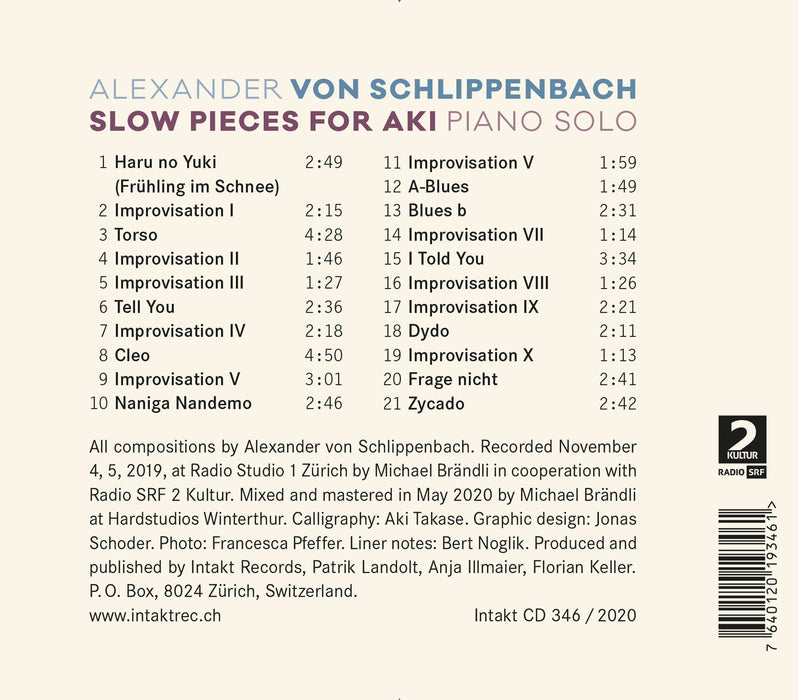 346: ALEXANDER VON SCHLIPPENBACH. Slow Pieces For Aki – Piano Solo