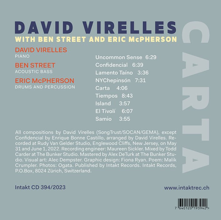 394: DAVID VIRELLES
with BEN STREET and ERIC McPHERSON. Carta