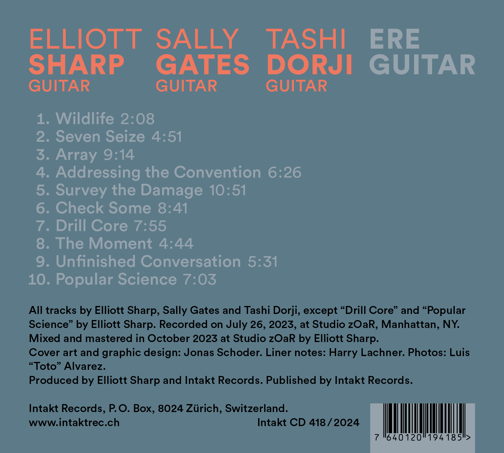 ELLIOTT SHARP - SALLY GATES - TASHI DORJI: ERE GUITAR. back cover Intakt #418