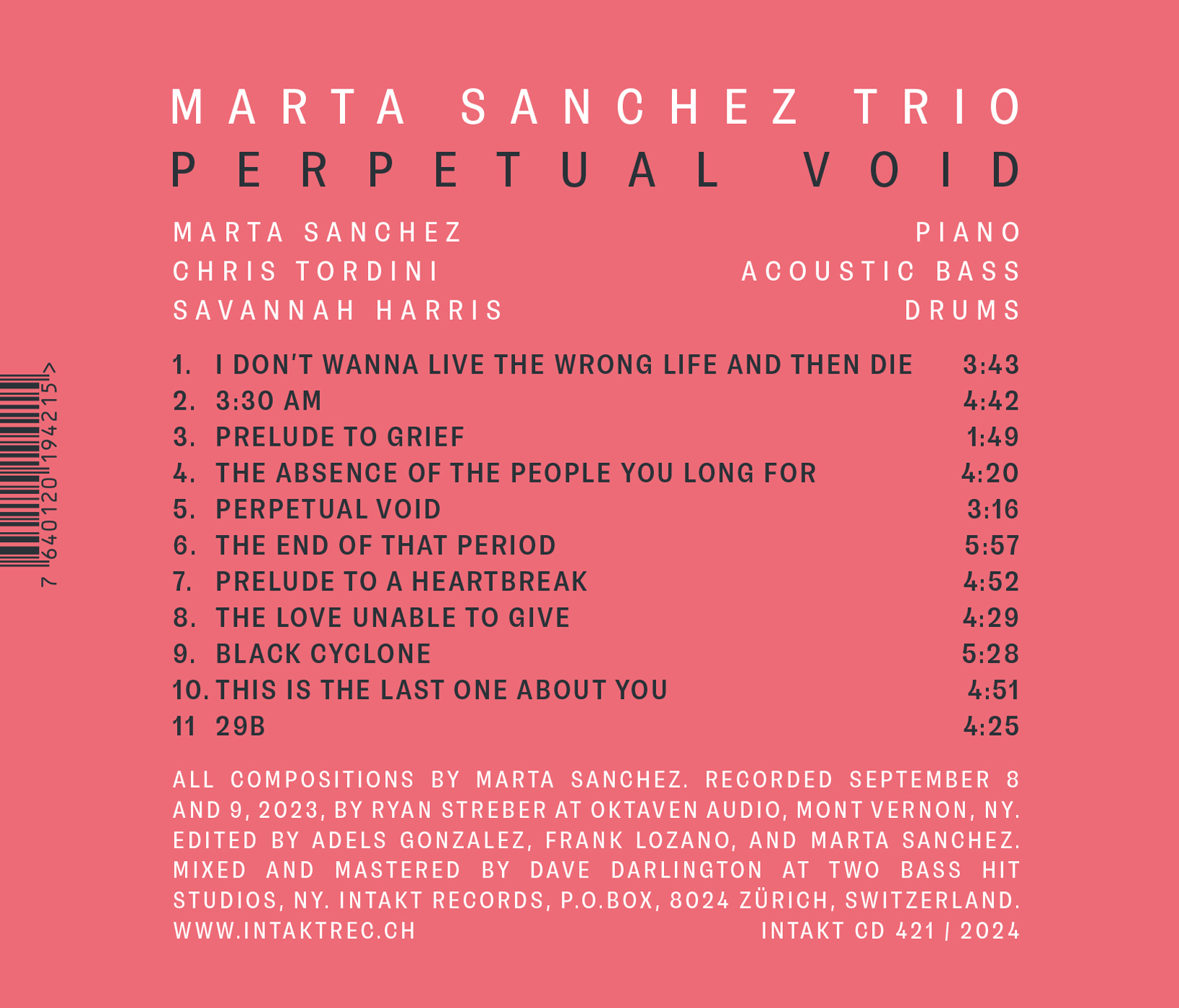 MARTA SANCHEZ TRIO
feat. Chris Tordini and Savannah Harris: PERPETUAL VOID.  Intakt Records back cover 421
