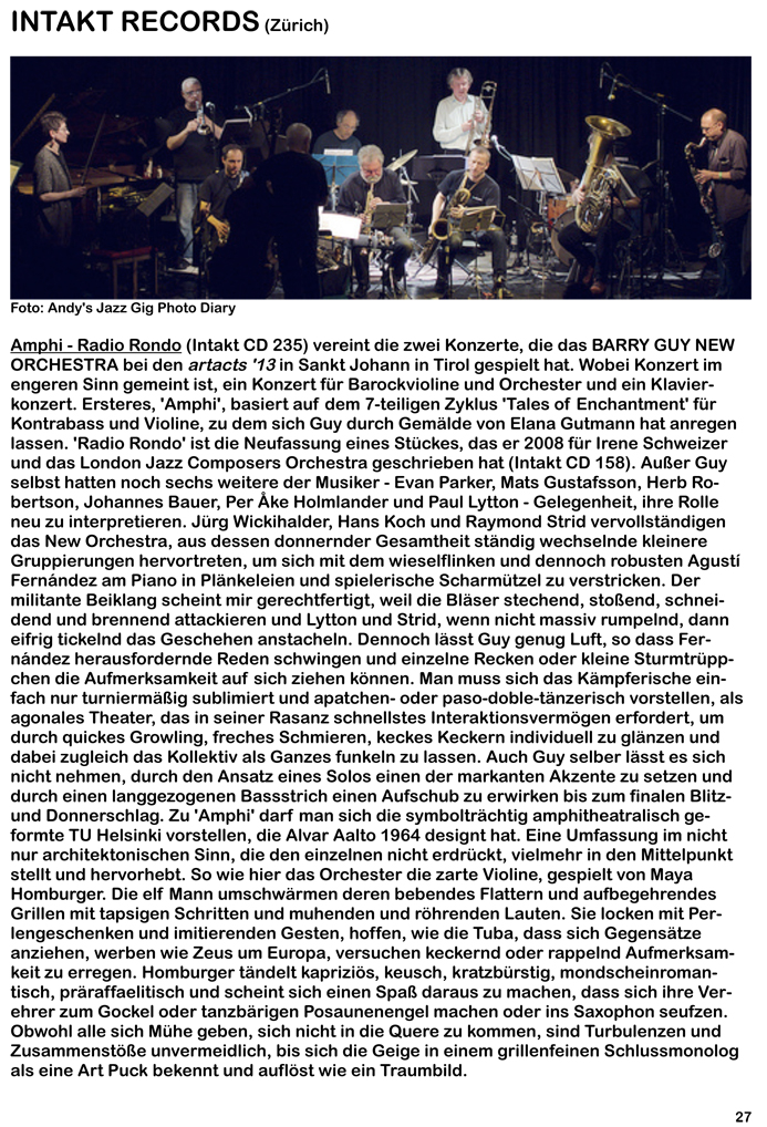 Reviews: Barry Guy New Orchestra. Radio Rondo, Amphi. Intakt CD 235