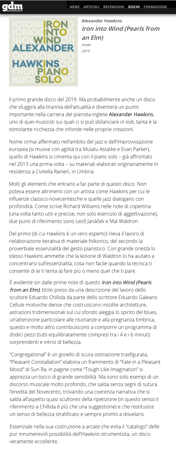enrico bettinello reviews alexander hawkins Iron Into Wind for Giornaledellamusica, Italy