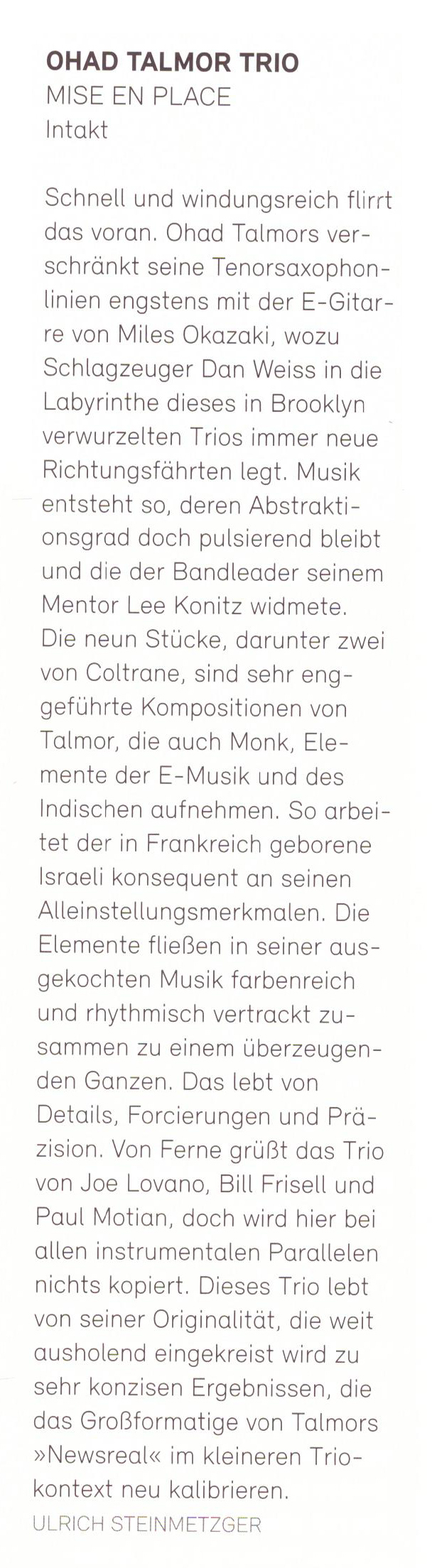 Ulrich Steinmetzger, Jazz Podium Magazine, Dec 2021 (DE)