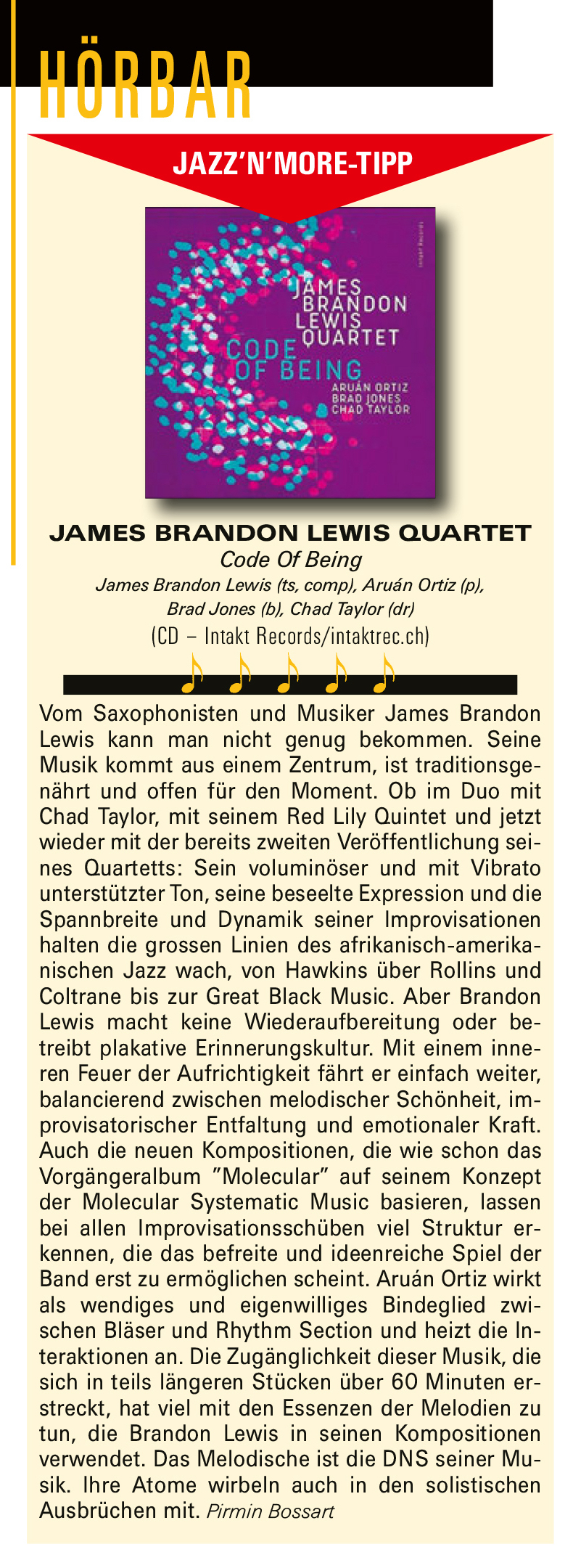 Pirmin Bossart, Jazz'n'More Magazine, Sept 2021 (DE)