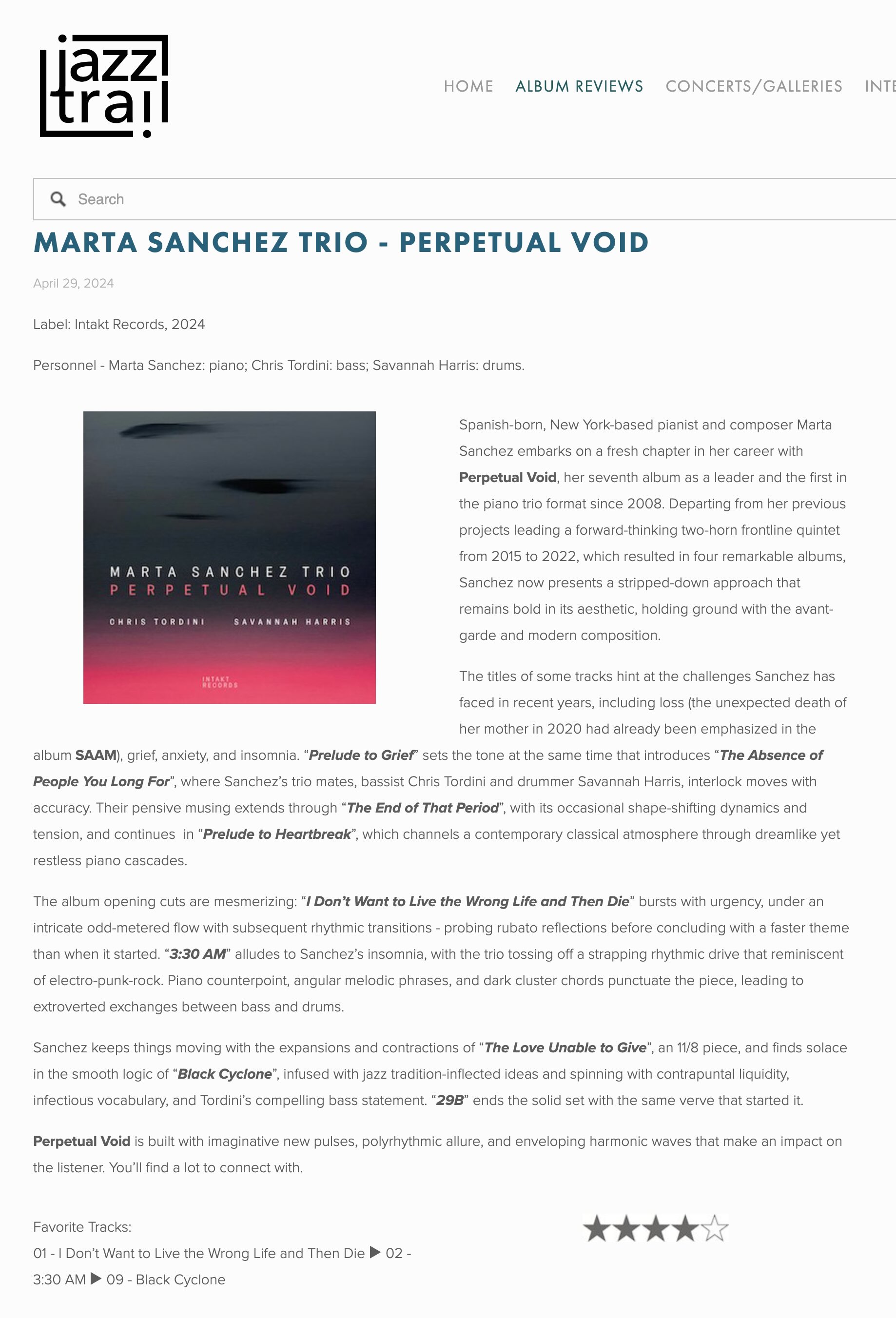Spanish-born, New York-based pianist and composer Marta Sanchez embarks on a fresh chapter in her career with Perpetual Void, her seventh album as a leader and the first in the piano trio format since 2008. Departing from her previous projects leading a forward-thinking two-horn frontline quintet from 2015 to 2022, which resulted in four remarkable albums, Sanchez now presents a stripped-down approach that remains bold in its aesthetic, holding ground with the avant-garde and modern composition.