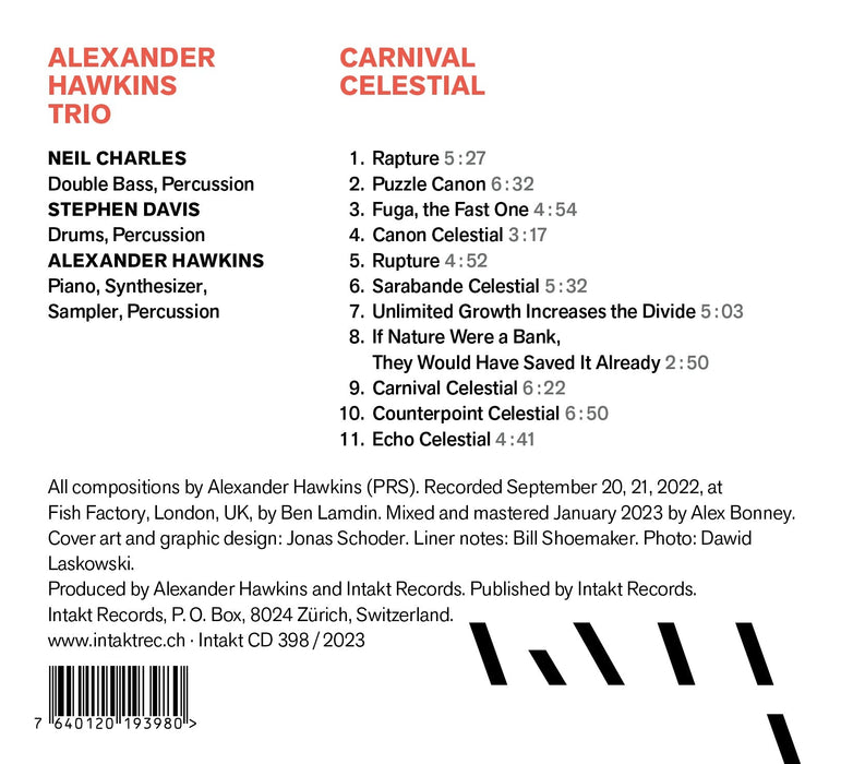 398: ALEXANDER HAWKINS TRIO with NEIL CHARLES and STEPHEN DAVIS. Carnival Celestial