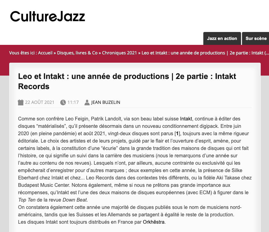 Intakt Records Review in Culture Jazz 2021