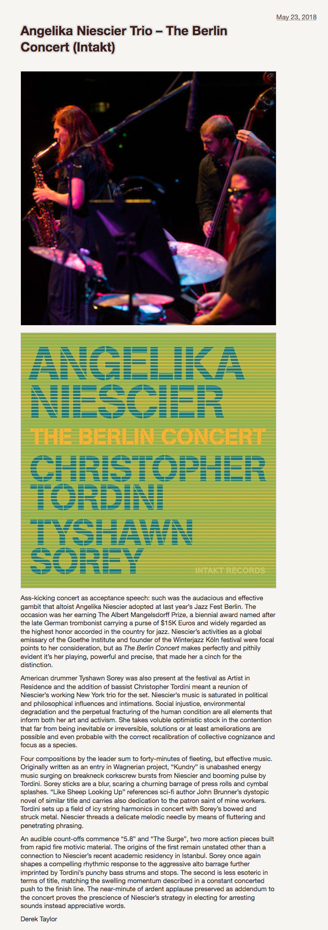 Derek Taylor reviews Angelika Niescier Berlin Concert Dusted Magazine