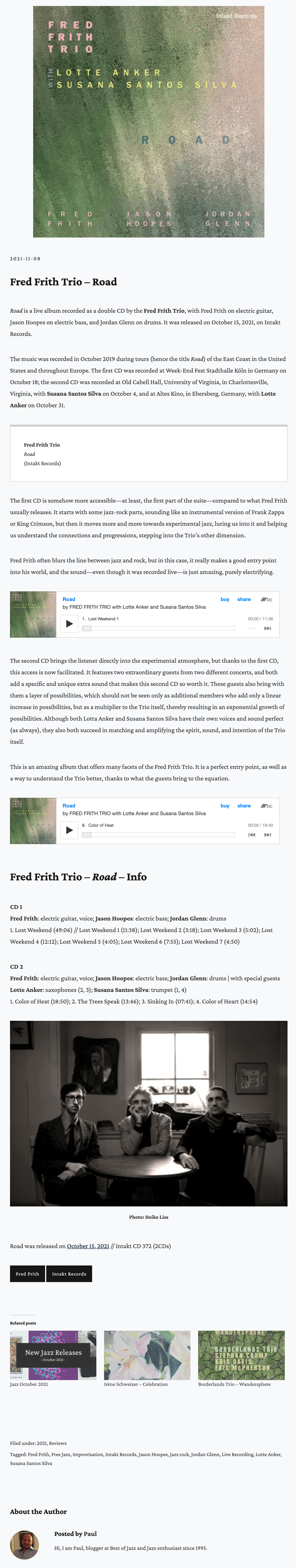 Road is a live album recorded as a double CD by the Fred Frith Trio, with Fred Frith on electric guitar, Jason Hoopes on electric bass, and Jordan Glenn on drums. It was released on October 15, 2021, on Intakt Records.