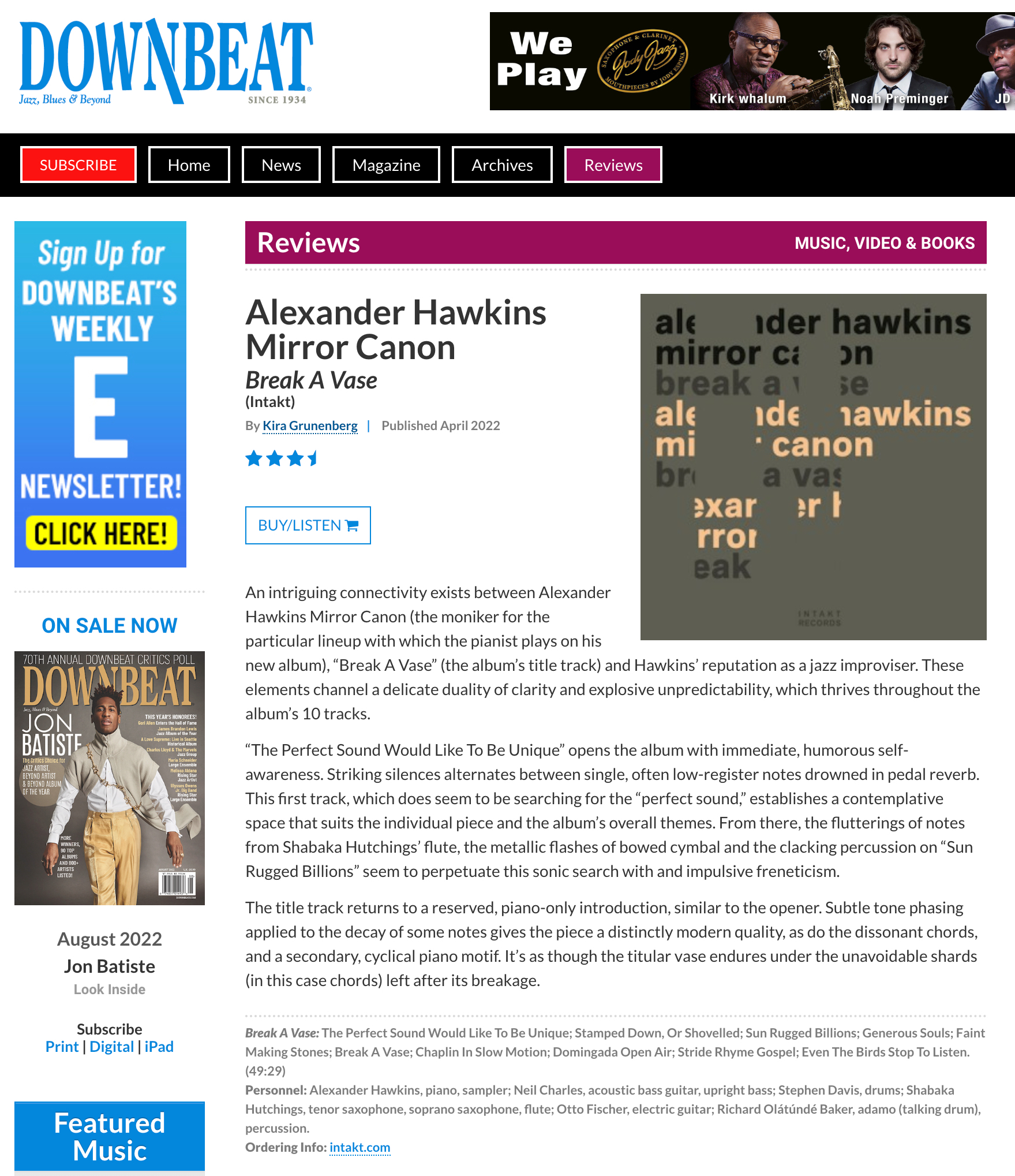 An intriguing connectivity exists between Alexander Hawkins Mirror Canon (the moniker for the particular lineup with which the pianist plays on his new album), “Break A Vase” (the album’s title track) and Hawkins’ reputation as a jazz improviser. These elements channel a delicate duality of clarity and explosive unpredictability, which thrives throughout the album’s 10 tracks.
