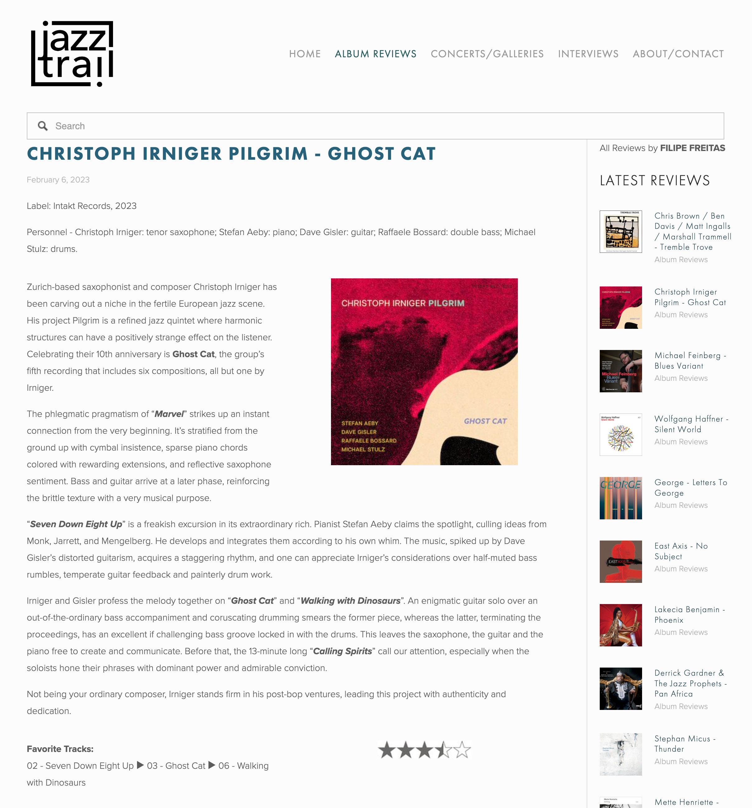 Zurich-based saxophonist and composer Christoph Irniger has been carving out a niche in the fertile European jazz scene. His project Pilgrim is a refined jazz quintet where harmonic structures can have a positively strange effect on the listener. Celebrating their 10th anniversary is Ghost Cat, the group’s fifth recording that includes six compositions, all but one by Irniger.