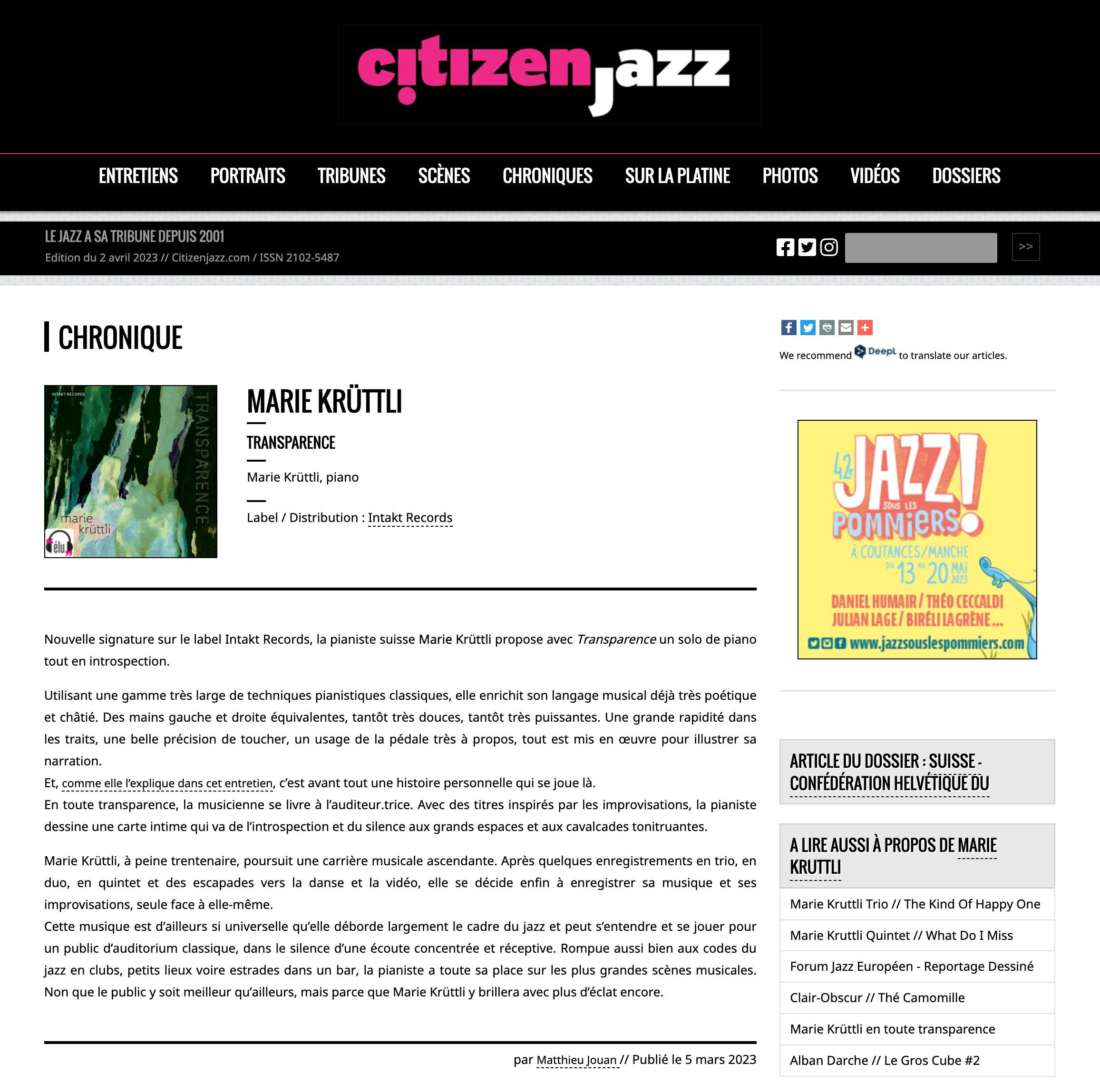 Nouvelle signature sur le label Intakt Records, la pianiste suisse Marie Krüttli propose avec Transparence un solo de piano tout en introspection.