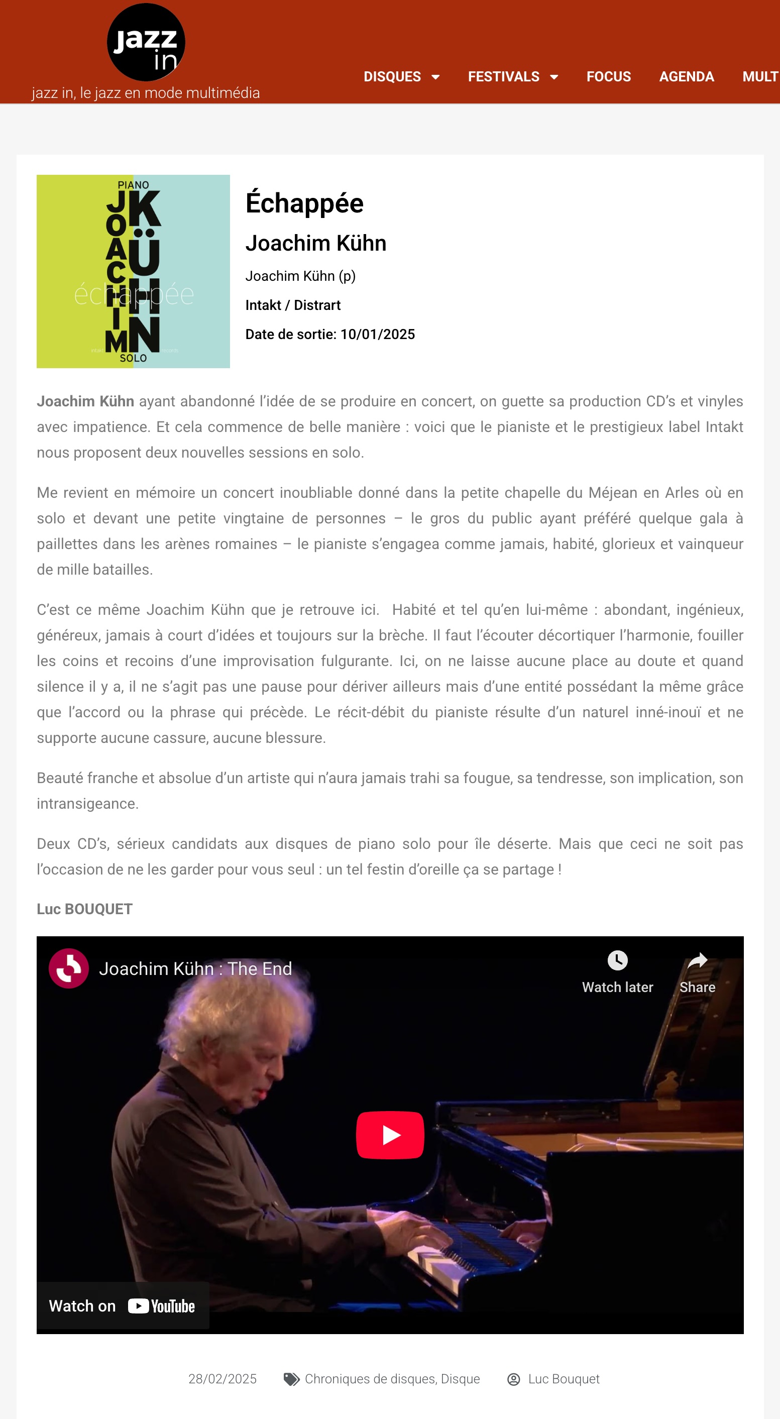 Joachim Kühn ayant abandonné l’idée de se produire en concert, on guette sa production CD’s et vinyles avec impatience. Et cela commence de belle manière : voici que le pianiste et le prestigieux label Intakt nous proposent deux nouvelles sessions en solo.

			  Me revient en mémoire un concert inoubliable donné dans la petite chapelle du Méjean en Arles où en solo et devant une petite vingtaine de personnes – le gros du public ayant préféré quelque gala à paillettes dans les arènes romaines – le pianiste s’engagea comme jamais, habité, glorieux et vainqueur de mille batailles.